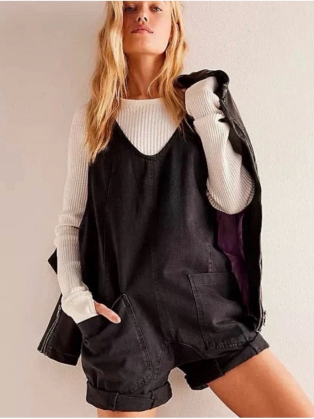 Free People Black Denim Short Overalls